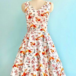Fox and Floral V-Neck Dress L